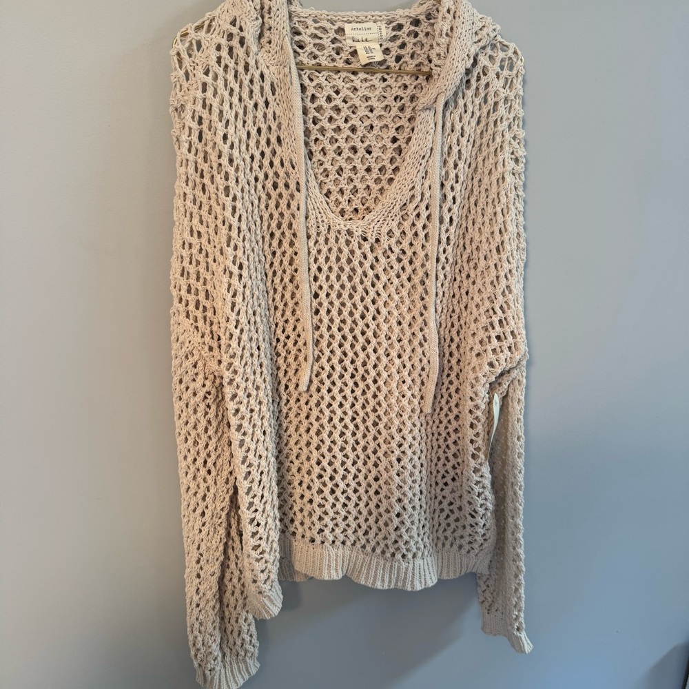 ARTELIER Nicole Miller Women's Hooded Knit Long Sleeve Sweater Cream Size XL NWT
